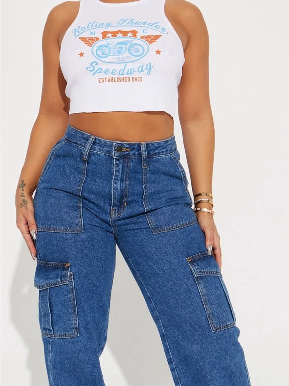 White Ribbed Crop Tank with Blue & Orange Motorcycle Graphic XL- 2X